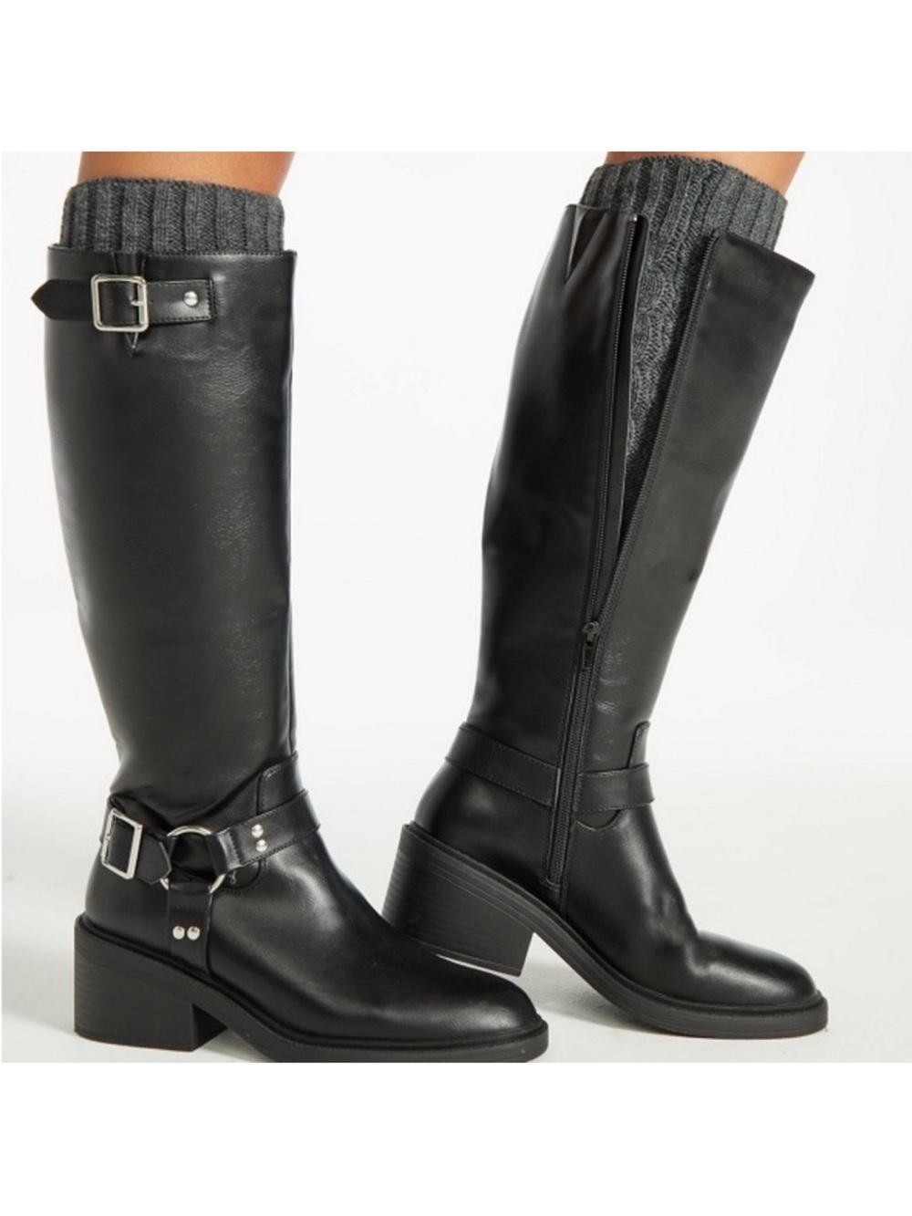 Shoe Dazzle Black Knee-High Buckle Riding Boots